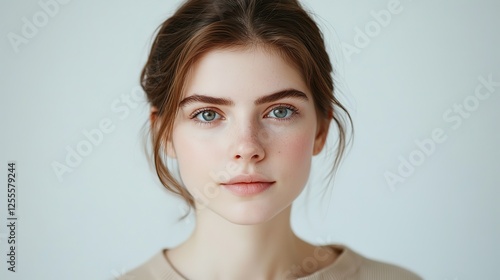 Wallpaper Mural pretty brunette hair Caucasian woman with radiant flawless skin, facial and skincare  beauty industrial model portrait on soft light background Torontodigital.ca