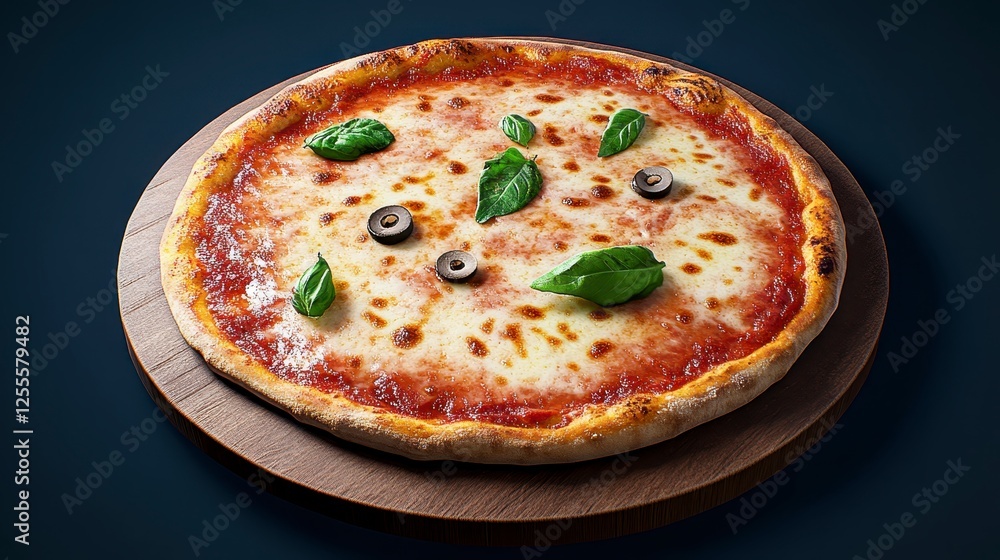 Close up shot of a delicious, traditional pizza with tomato sauce, mozzarella cheese, fresh basil leaves, and black olives. The pizza sits on a round Close up shot of a delicious, traditional pizza with tomato sauce, mozzarella cheese, fresh basil leaves, and black olives. The pizza sits on a round