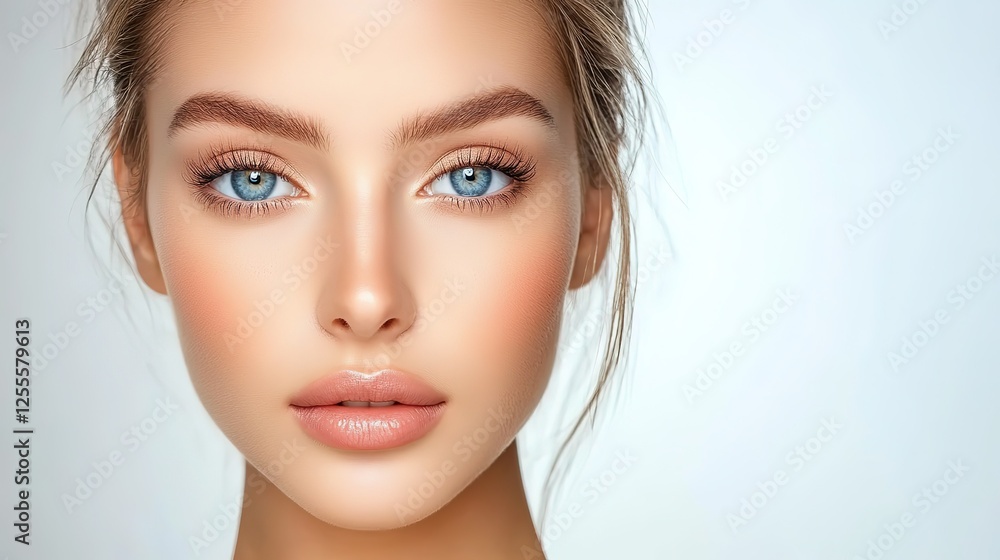 Naklejka premium pretty Caucasian woman with radiant flawless skin, facial and skincare beauty industrial model portrait on soft light background