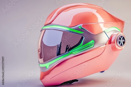 Futuristic pink motorcycle helmet with neon accents and sleek design photo