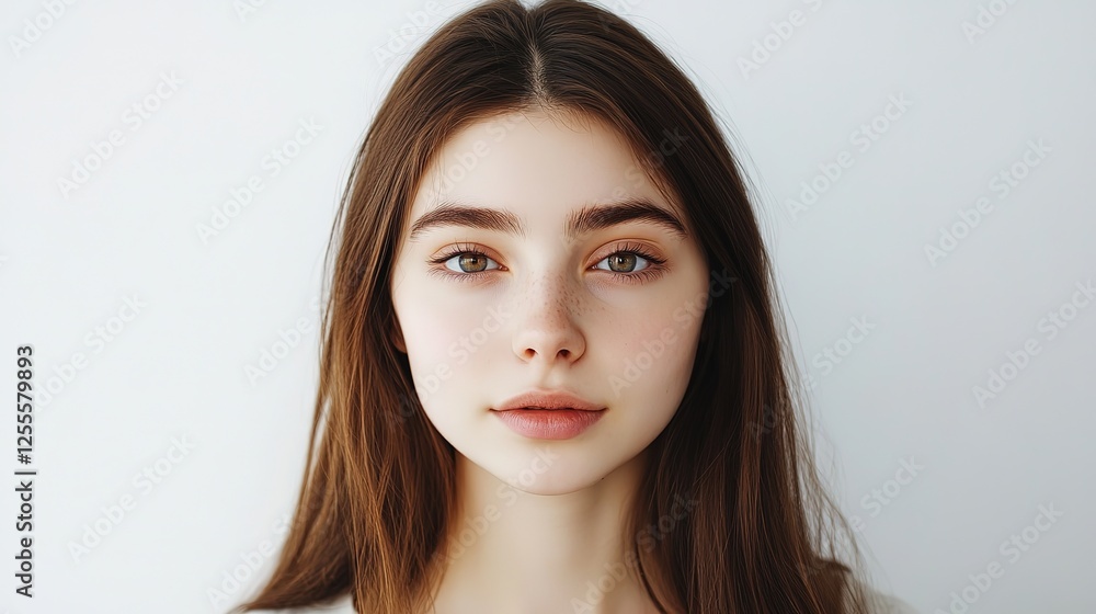 pretty brunette hair Caucasian woman with radiant flawless skin, facial and skincare beauty industrial model portrait on soft light background pretty brunette hair Caucasian woman with radiant flawless skin, facial and skincare beauty industrial model portrait on soft light background