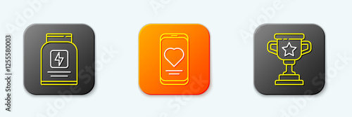 Set line Sports nutrition, Mobile with heart rate and Award cup icon. Vector