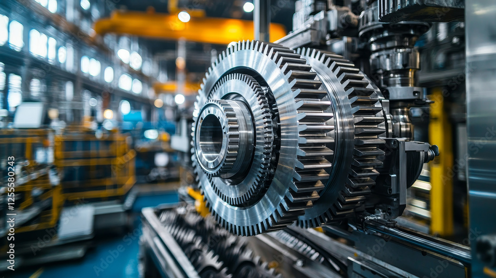 Gear System. Close up of industrial gears in factory setting Gear System. Close up of industrial gears in factory setting