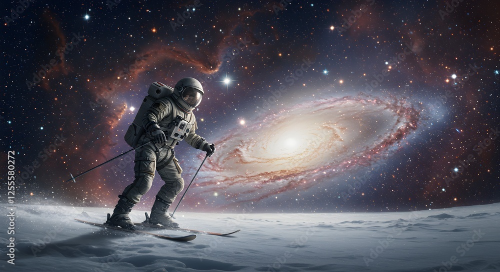 Obraz premium A vintage astronaut skiing through a cosmic galaxy, blending nostalgia with futuristic AI-generated elements.