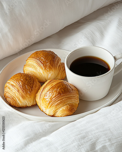 A soothing image of a bed covered in white linens, where a tray offers a fresh pastry assortment photo