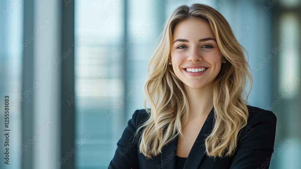 Professional portrait of smiling woman in bright workplace setting Professional portrait of smiling woman in bright workplace setting