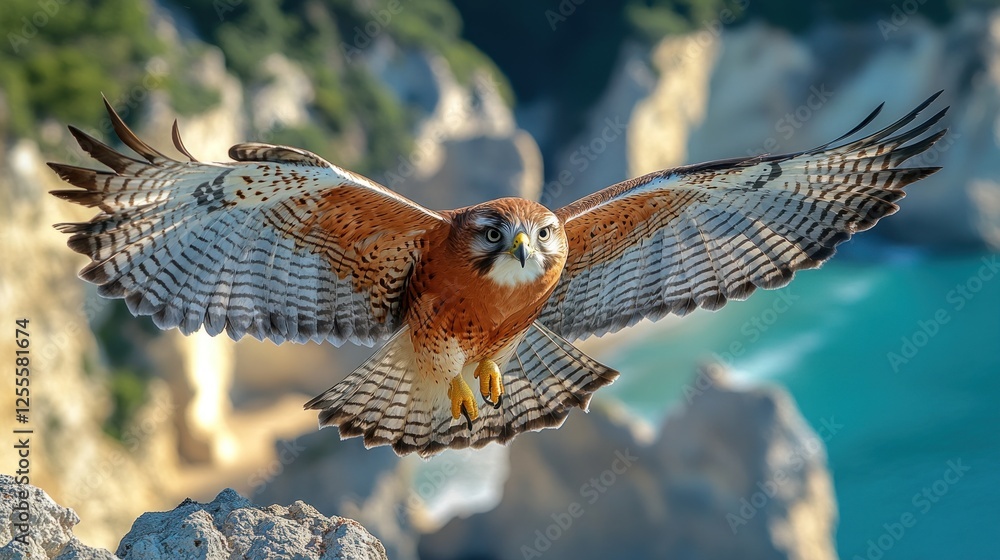 Fototapeta premium Powerful hawk in flight over dramatic coastal cliffs.