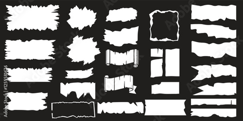 Set of torn rip edges paper strip pieces. Vector ripped isolated sheet element for scrapbook. Jagged rectangle paper piece backgrounds. Grunge header shapes, stickers, collage elements 