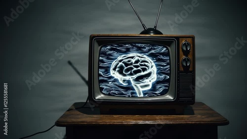 Vintage tv set displaying glowing brain image on noisy static screen in dark room, conveying mind control, influence, or subliminal messaging concept