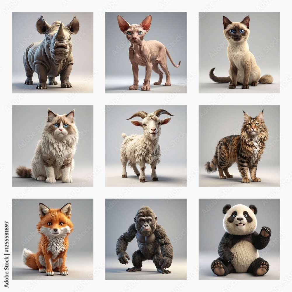 Fototapeta premium A collection of nine different animals displayed in a grid format against a simple grey background. Animals include a rhino, cats, goat, fox, gorilla and panda.