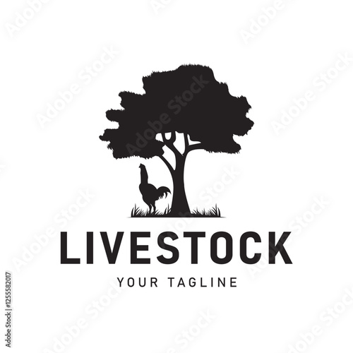 Vintage Farm Logo with Rooster Silhouette and Tree Illustration Design