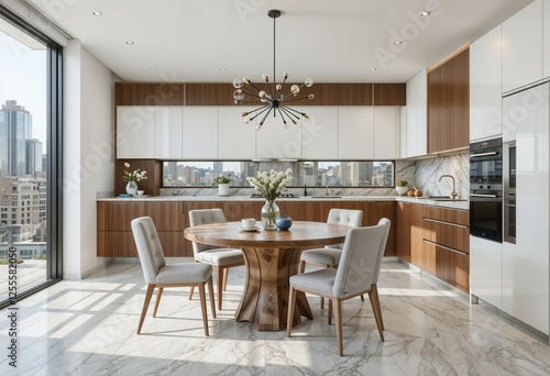 Interior of modern kitchen with dining table, chairs, white counters and lamp