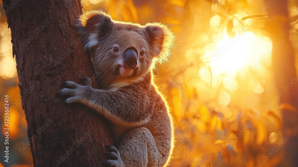 Fototapeta premium Koala bear hugging tree trunk at sunset.