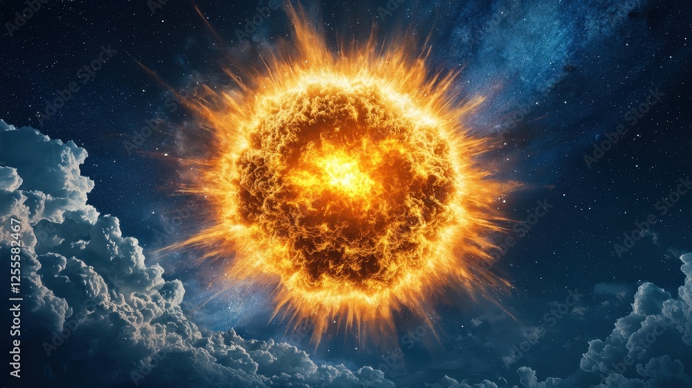 Fototapeta premium A radiant sun emits fiery rays amidst a backdrop of clouds and cosmic space, creating a stunning celestial scene.
