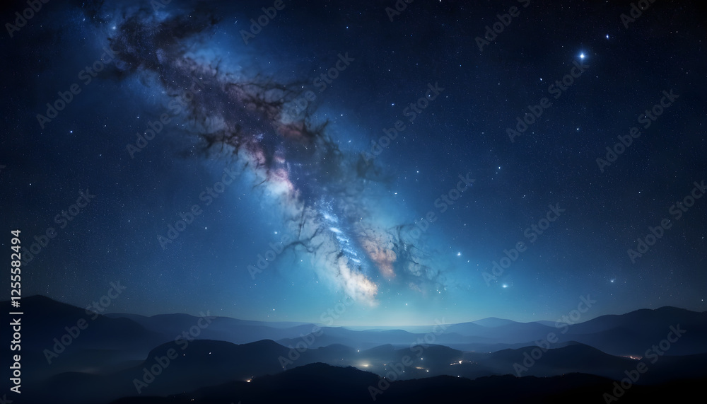Fototapeta premium A breathtaking night sky with the Milky Way stretching across the horizon, glowing with blue and golden hues. Below, misty mountains and a peaceful valley with scattered lights create a dreamy scene