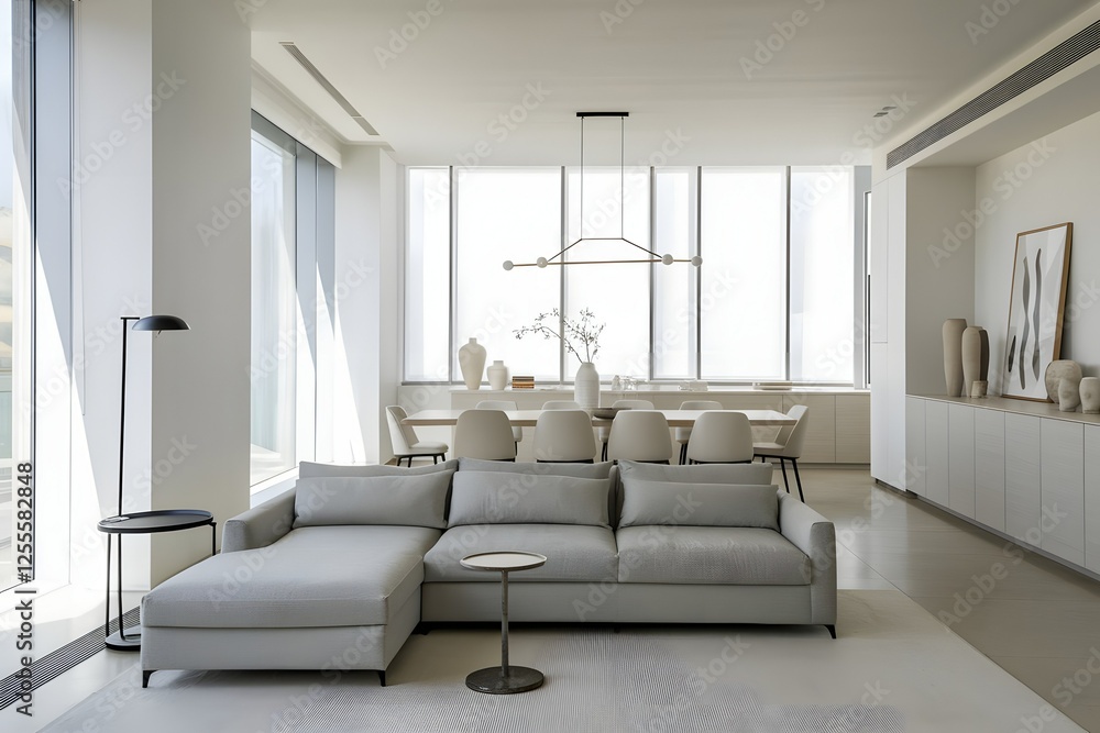 Interior of light living room with sofa and glucophone on table Interior of light living room with sofa and glucophone on table