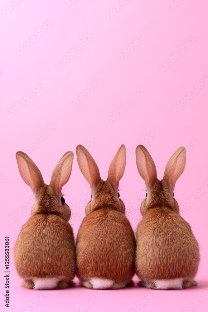 Fototapeta premium A trio of soft, cuddly rabbits sitting side by side against a warm pink backdrop, exuding