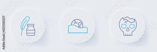 Set line Broken human skull, Human and Feather and inkwell icon. Vector