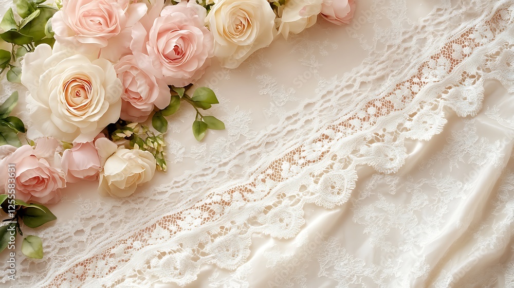 Delicate blush roses adorn elegant ivory lace fabric Delicate blush roses adorn elegant ivory lace fabric