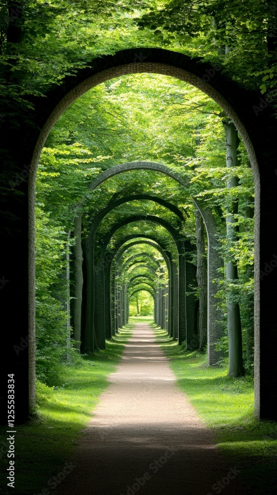 Obraz premium Sunlit Path Through Arching Trees in a Lush Green Garden
