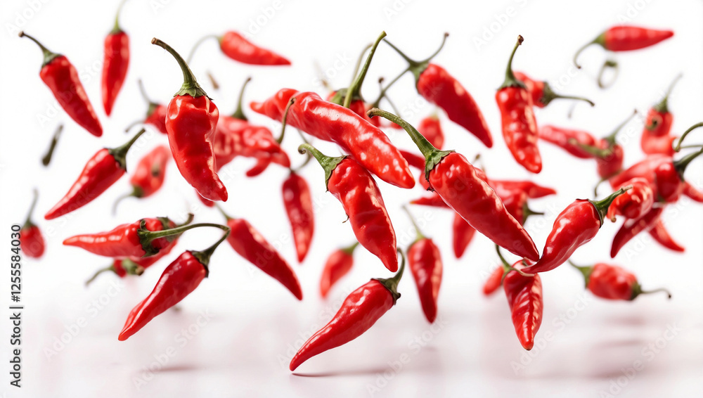 Flying Red Chili Peppers Isolated for a Spicy Kick Flying Red Chili Peppers Isolated for a Spicy Kick
