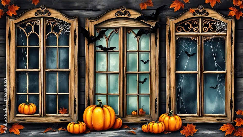 Obraz premium Spooky Halloween Scene Pumpkins Bats by Old Wooden Windows