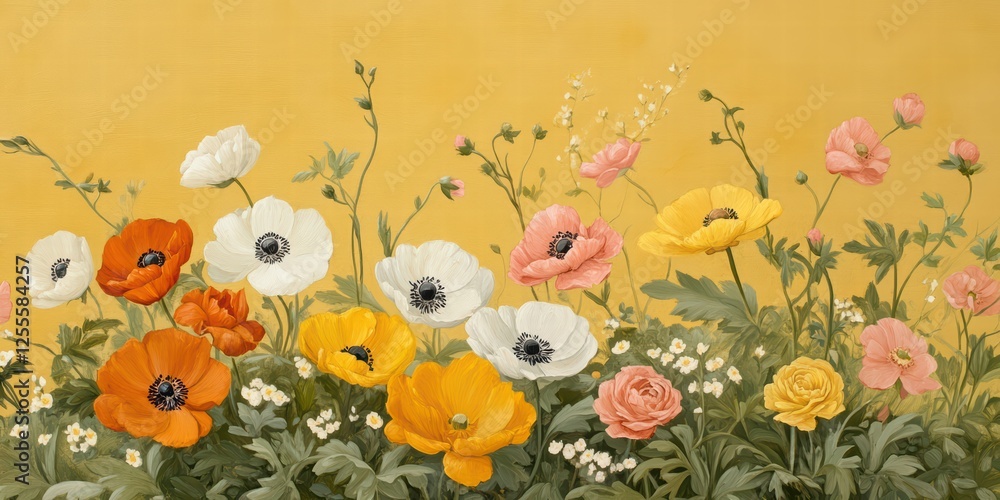 Obraz premium Vibrant Floral Arrangement with Colorful Blooms on Yellow Background