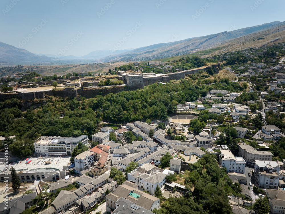 Obraz premium Aerial panoramic drone view of Gjirokaster, Albania