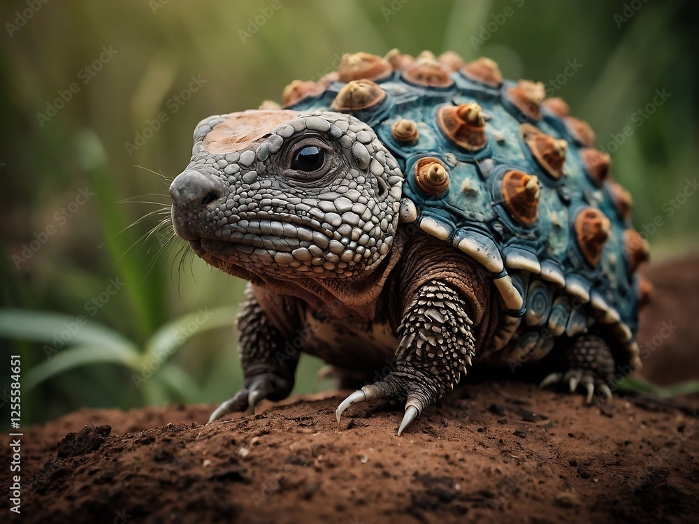 Obraz premium Wildlife Conservation: Close-Up Portrait of a Tortoise in Its Natural Habitat - Exploring the Intricate Shell Patterns and Texture in Vibrant Green Environment