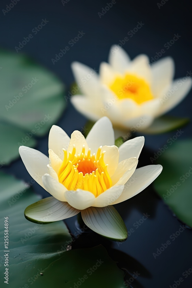 Beautiful Water Lilies with Bright Yellow Centers on Still Water Beautiful Water Lilies with Bright Yellow Centers on Still Water