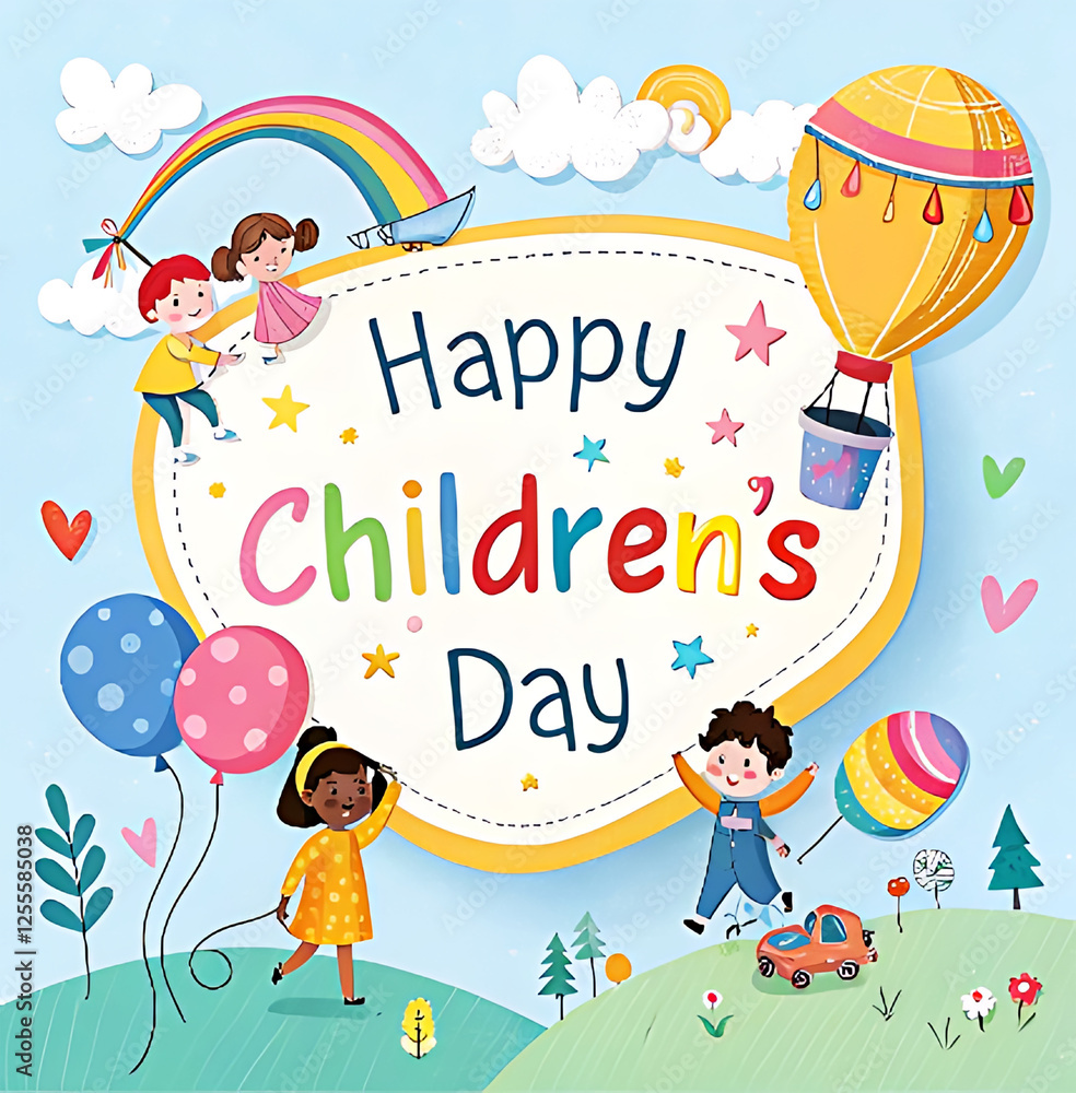 Obraz premium Happy Childrens Day Illustration Joyful Kids Celebration, banner, poster, gift card and Happy Childrens Day Background.