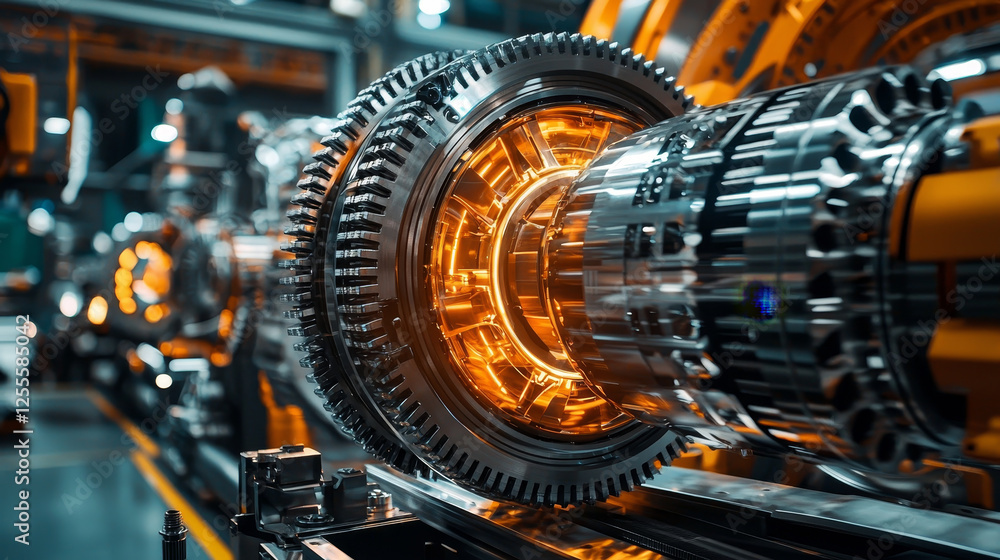 Fototapeta premium Gear System. glowing industrial machine part in factory setting