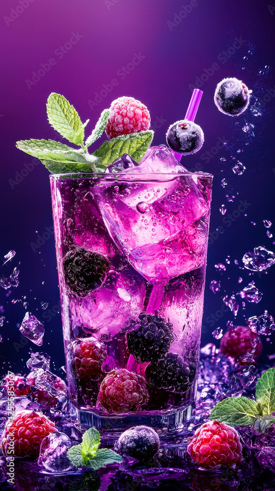 Fototapeta premium Refreshing mixed berry cocktail with ice cubes and mint against purple background
