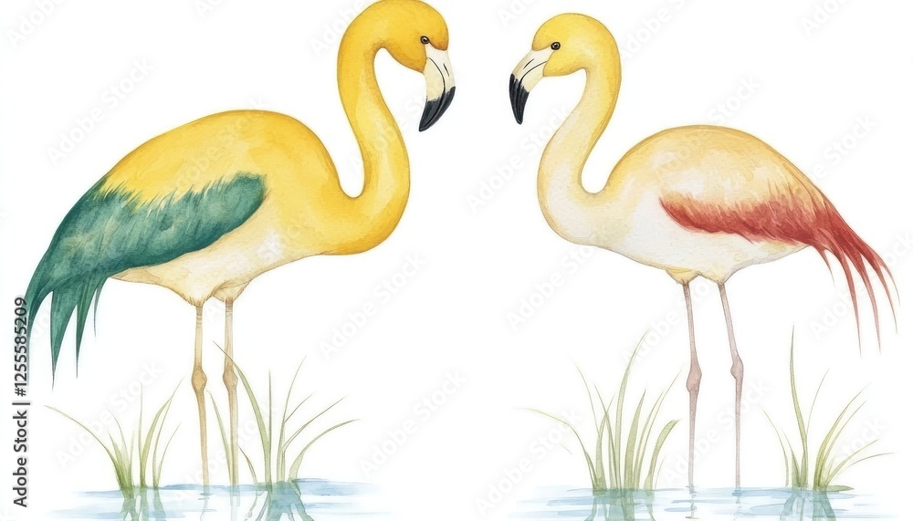 Obraz premium Two colorful flamingos standing in shallow water surrounded by grass