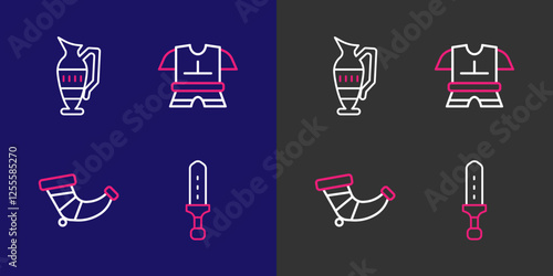 Set line Medieval sword, Hunting horn, Body armor and Ancient amphorae icon. Vector