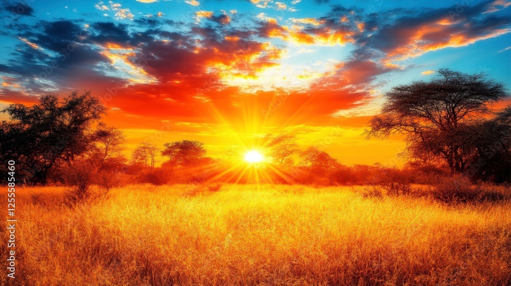 Fototapeta premium Stunning sunset over golden fields african savanna nature photography vibrant atmosphere wide-angle view