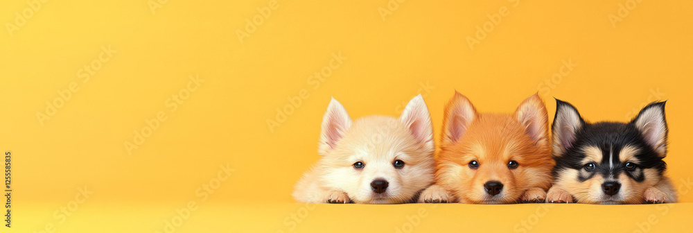 A minimal composition featuring three pups resting in unison, their curious gaze fixed on something A minimal composition featuring three pups resting in unison, their curious gaze fixed on something