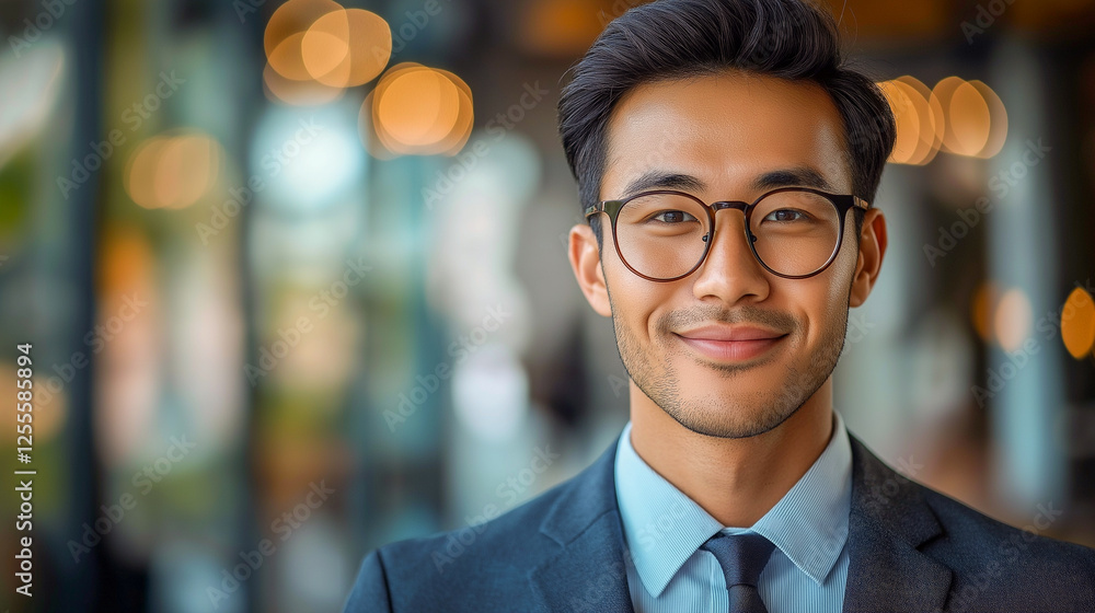 Fototapeta premium Confident young professional with a warm smile, wearing glasses and a suit, radiating success and approachability.