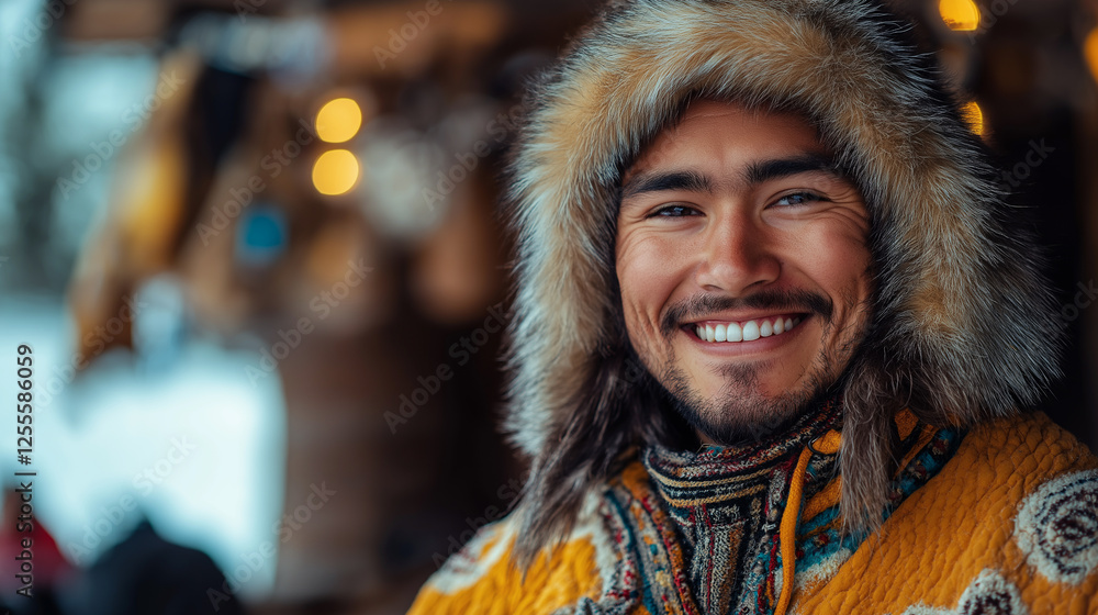 A smiling person with a fur-lined hood radiates warmth, embracing the cold while showcasing their cultural attire and captivating gaze. A smiling person with a fur-lined hood radiates warmth, embracing the cold while showcasing their cultural attire and captivating gaze.