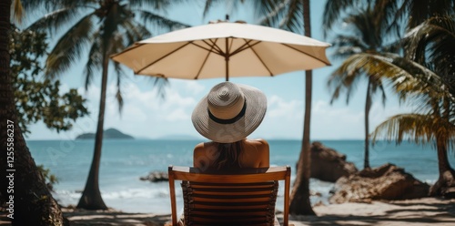 Fototapeta Naklejka Na Ścianę i Meble -  A woman in summer and hat sits on a deck chair under an umbrella at a tropical beach with palm trees, the blue water of the sea or ocean.