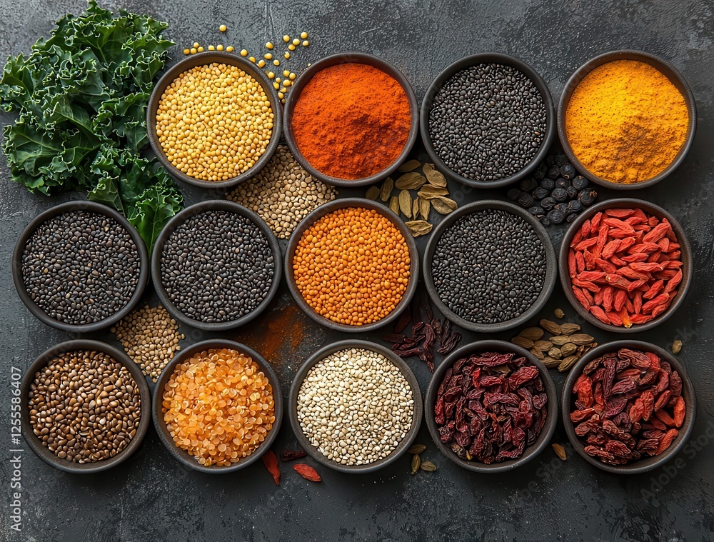 A vibrant collection of assorted spices and herbs arranged aesthetically in bowls, showcasing rich colors and textures for culinary inspiration. Copy space A vibrant collection of assorted spices and herbs arranged aesthetically in bowls, showcasing rich colors and textures for culinary inspiration. Copy space