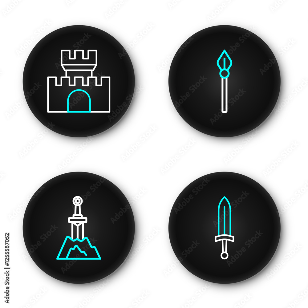 Set line Medieval sword, Sword in the stone, spear and Castle, fortress icon. Vector Set line Medieval sword, Sword in the stone, spear and Castle, fortress icon. Vector
