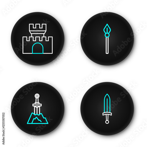 Set line Medieval sword, Sword in the stone, spear and Castle, fortress icon. Vector