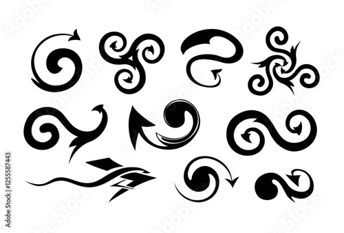 Set of arrows with Celtic motifs. Hand drawn black and white vector illustration. Ancient Breton heraldic symbols. Nordic decoration. Celtic emblems. Ethnic magic signs. Print for logo, icon, tattoo.