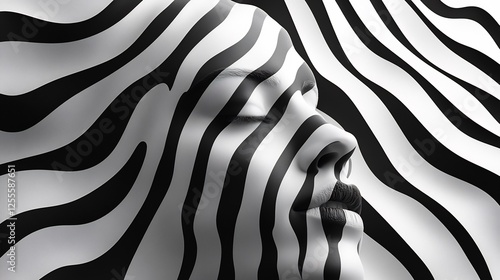 Serene face subtly merges with bold black white stripes dynamic composition. AI Generated