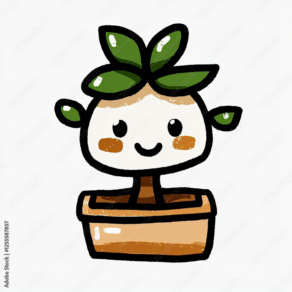 Cute Cartoon Plant in Pot, Happy Houseplant, Adorable Bonsai Illustration Cute Cartoon Plant in Pot, Happy Houseplant, Adorable Bonsai Illustration