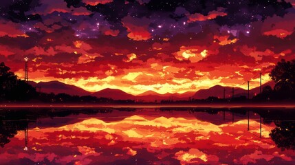 Crédence de cuisine Bordeaux Stunning sunset reflection over serene lake mountain landscape digital art tranquil atmosphere wide view nature's beauty  © CHAKKAPONG