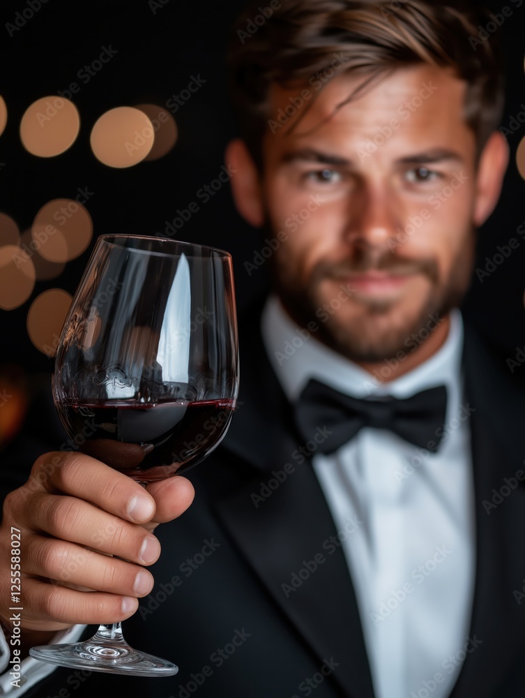 Young male butler serving red wine in stylish attire against a simple white backdrop, emphasizing elegance and sophistication Young male butler serving red wine in stylish attire against a simple white backdrop, emphasizing elegance and sophistication