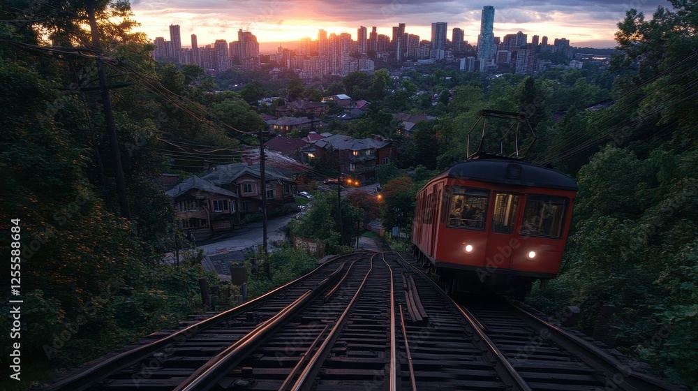 Fototapeta premium Sunset train journey through urban landscape city skyline photography evening elevated view travel experience