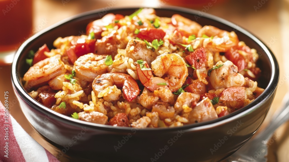 A bowl of rice topped with shrimp and colorful vegetables for a healthy, flavorful meal. A bowl of rice topped with shrimp and colorful vegetables for a healthy, flavorful meal.